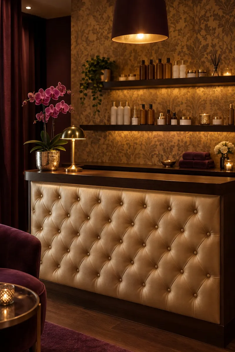 Um balcão de receção dourado em capitonê e papel de parede damasco num pequeno spa de beleza