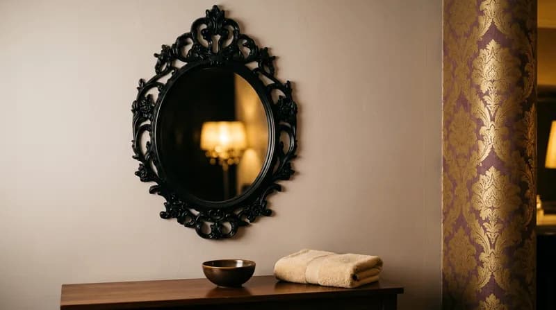 Um espelho oval preto ornamentado numa parede clara
