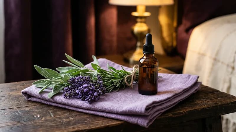 Raminhos de lavanda e um frasco de óleo sobre uma toalha roxa dobrada
