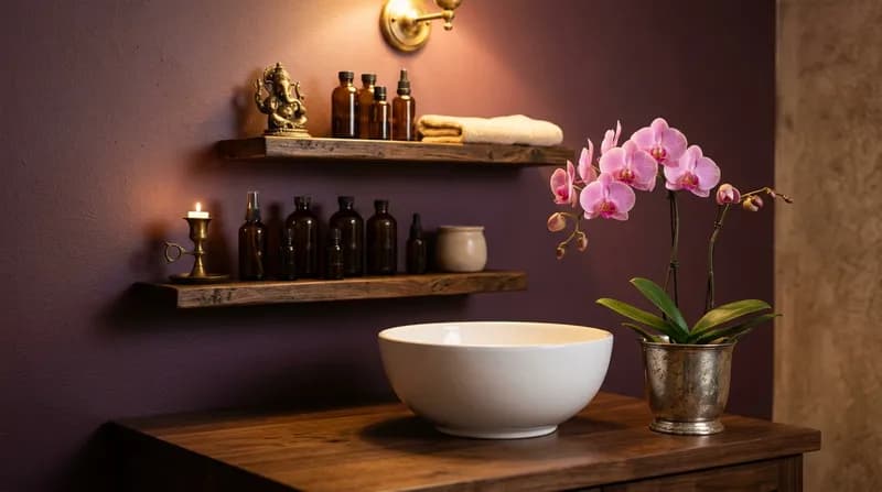 Uma orquídea rosa ao lado de um pequeno lavatório e frascos de óleo âmbar