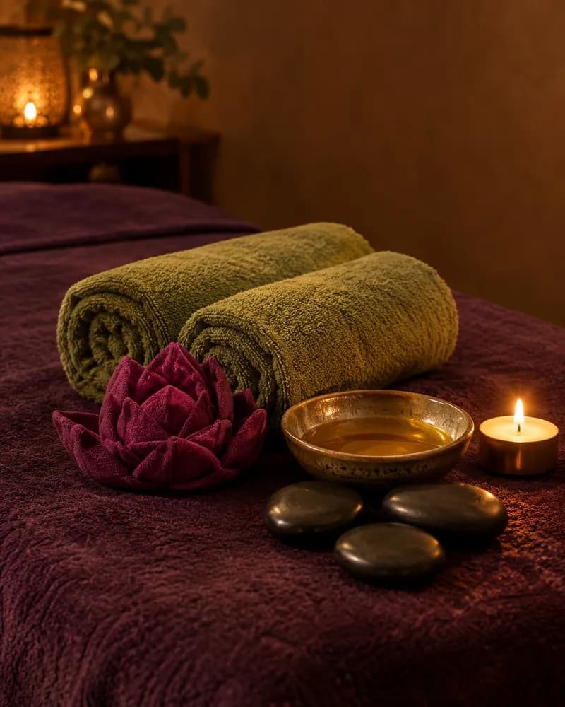Óleo de massagem morno, uma orquídea e toalhas enroladas numa marquesa coberta de roxo