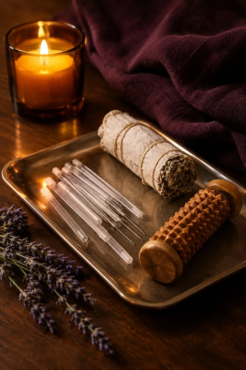 Agulhas de acupunctura num tabuleiro ao lado de um pequeno mapa de reflexologia e uma vela